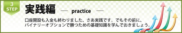 口座開設も入金も終わりました、さあ実践です。でもその前に、バイナリーオプションで勝つための基礎知識を学んでおきましょう。 バイナリーオプション実践編バナー