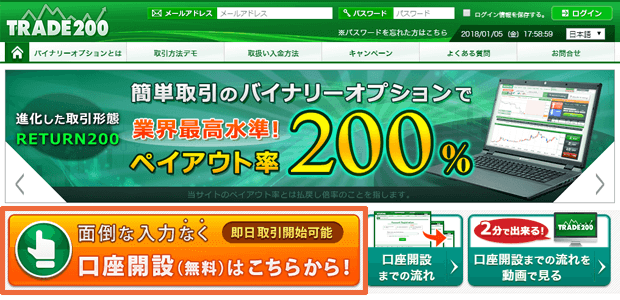 トレード200(TRADE200)のPC口座開設方法手順
